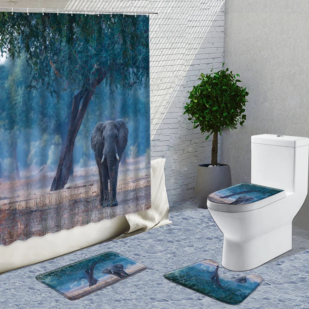 

Animal Shower Curtain Fabric 4-Piece Set Cat Dog Elephant Tiger Bathroom Curtains Non-Slip Rug Toilet Lid Cover And Bath Mat