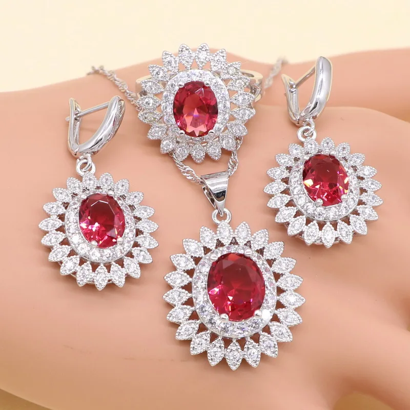 Red 3pcs XUTAAYI 925 Серебряные Ювелирные наборы для женщин красное полудрагоценное ожерелье подвеска серьги кольцо браслет свадебные ювелирные изделия подарок на день рождения - Metal color: Red 3pcs