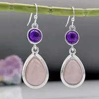 bohemian retro drop shaped pink natural stone earrings korean fashion platinum plating round amethyst pendant ear hook jewellery