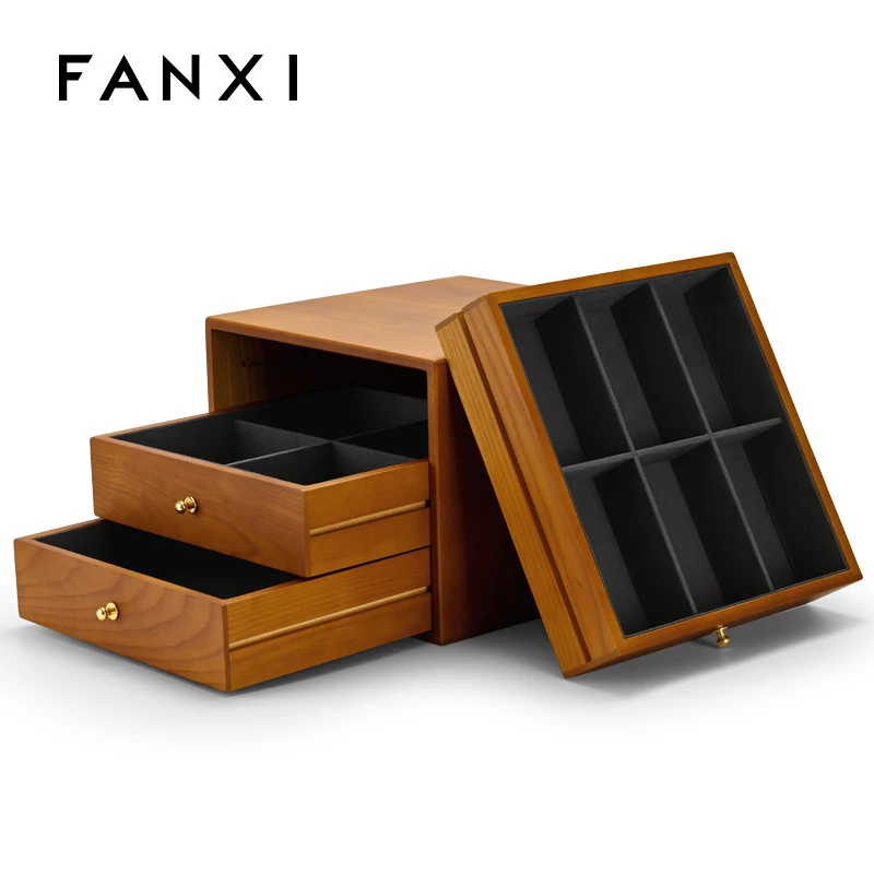 

FANXI Newly Three Layers Wooden Jewelry Organizer Box with Microfiber Necklace Display Case Ring Earrings Bangle Suitcase