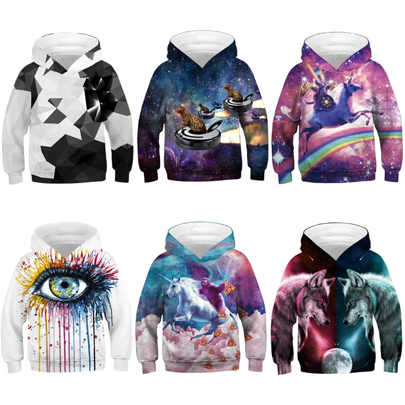 

5-12 yrs Boys Wolf Print Hooded Sweatshirt Girls Spring Autumn Hoodies Outerwear Kids Clothes Children Long Sleeve Pullover Tops