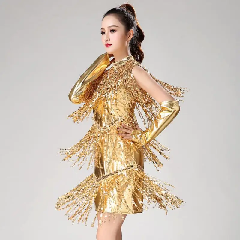 

V Neck 1920s Sequin Fringe Charleston Flapper Dance Dresses Costumes Sequin Tassel Latin Dance Dress