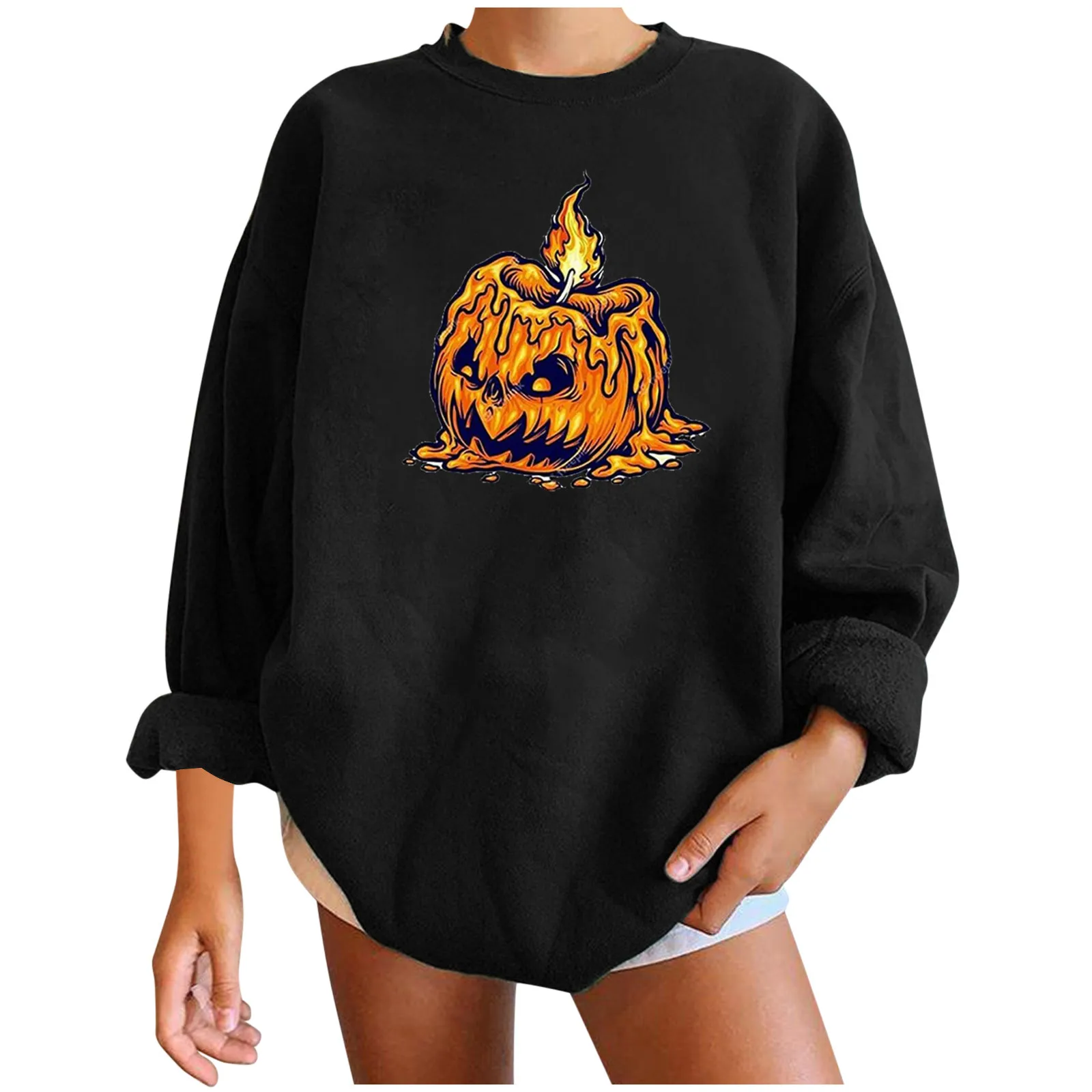 

Women Long Sleeve Pumpkin Candle Print Halloween Pullover Sweatshirt Top Shirt Solid Color Casual Daily All-match Girls T-shirt