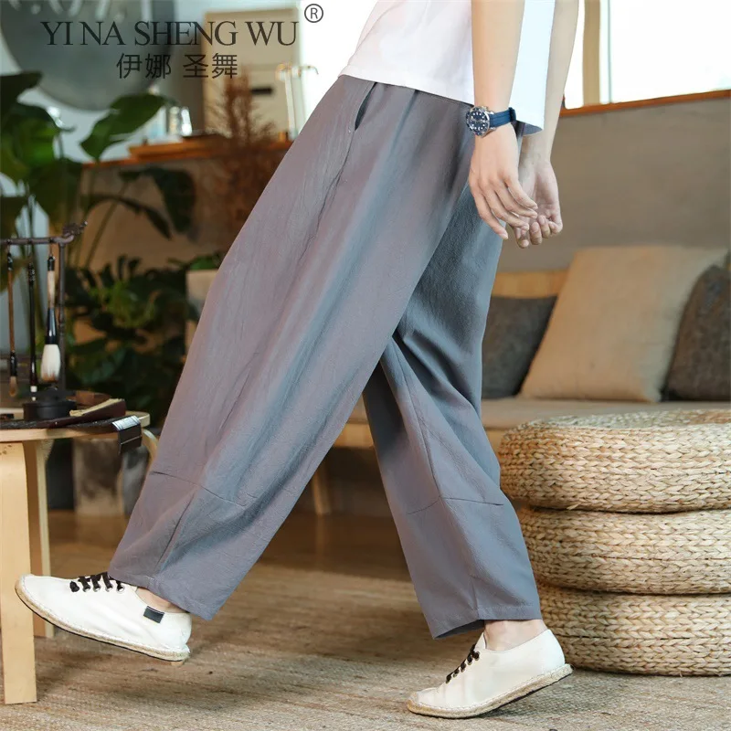 Для мужчин японский Стиль свободные штаны костюм самурая Винтаж мужские брюки