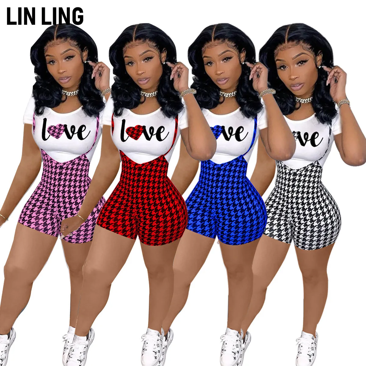 

LINLING Womens 2 Piece Overalls Jumpsuits Skinny Tops & Plaid High Waisted Bib Pants Sets Clubwear