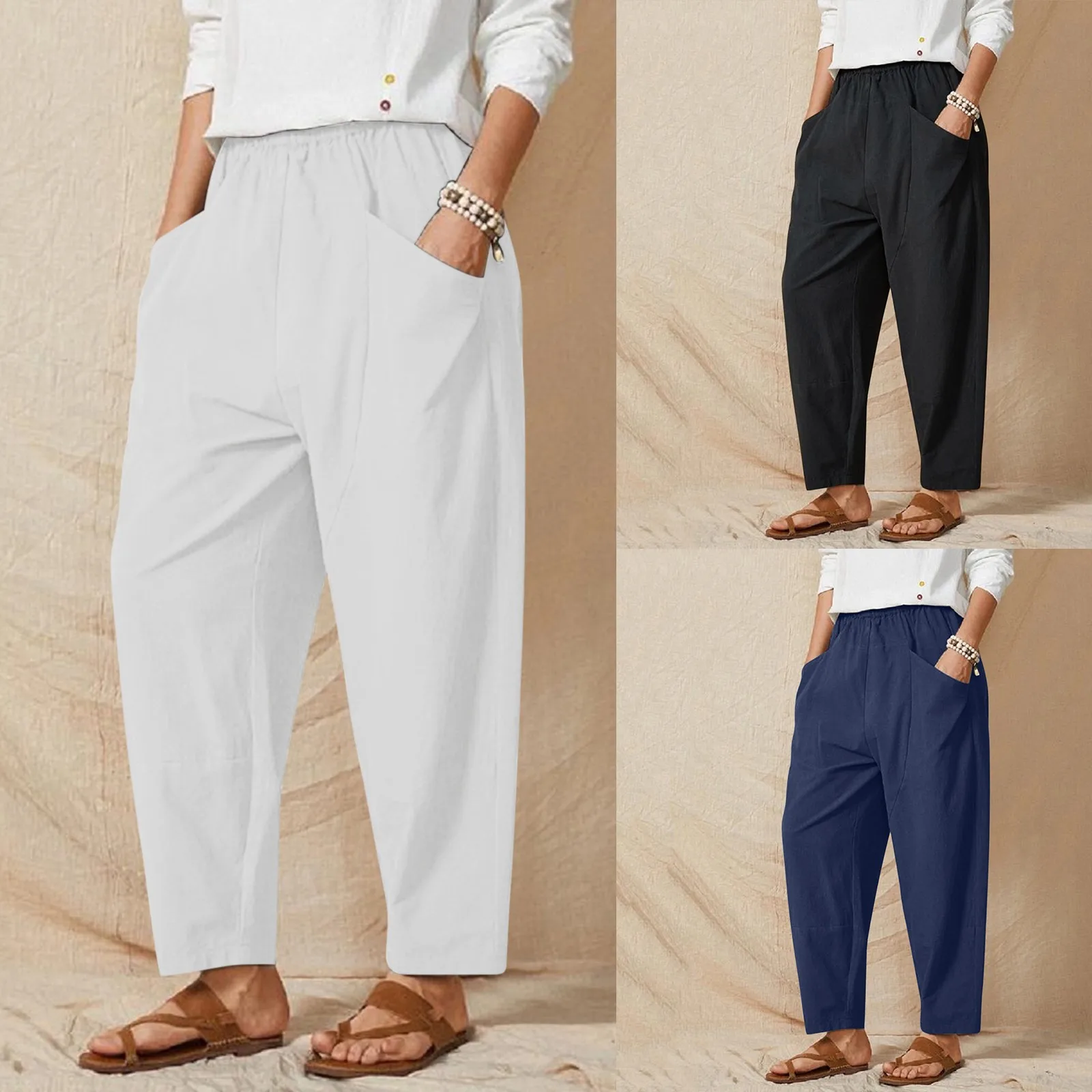 

Solid Harem Pants Women Cotton-Linen Wide Leg Pants Lightweight Elastic Pocket Trousers Mid Waist Ankle-Length Baggy Pants A20