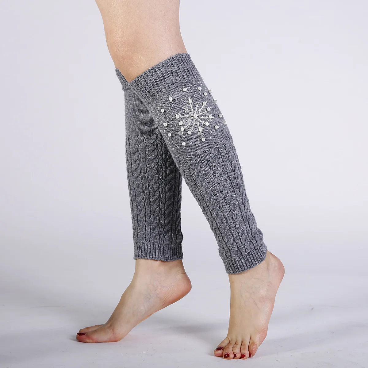 

Winter Leg Warmers Women Chic Knitted Boot Cuffs Knee Stockings Warm Boots Long Socks with Pearl Solid
