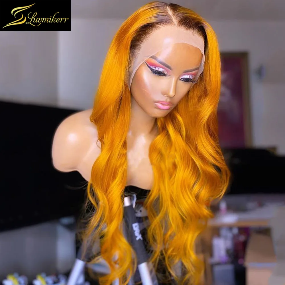 

Ombre Ginger Yellow HD Transparent Glueless Body Wave 13x6 Lace Front Human Hair Wigs Pre Plucked Wigs For Women Full Closure 30
