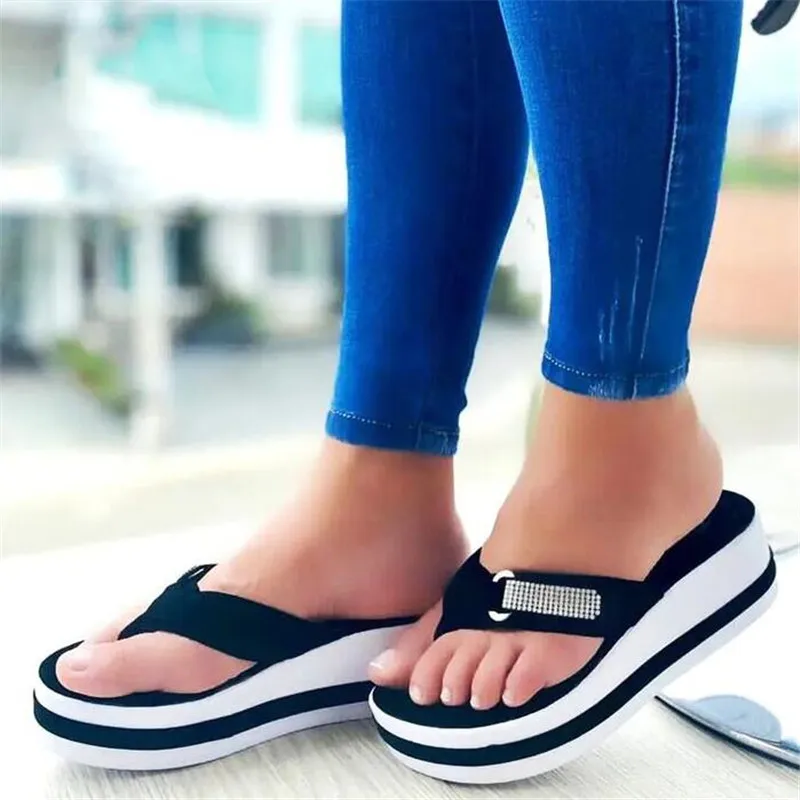 

Large size women's platform slippers new toe flip flops fashion women sandals bottom breathable slope heel slides womens shoes