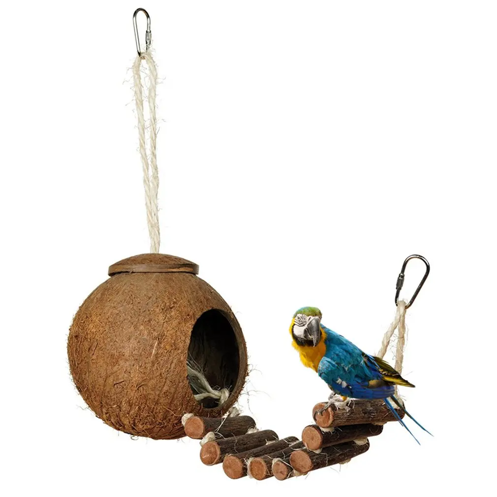 cute comfortable design natural coconut shell bird nesting house small size pet parakeet finche sparrows cage with ladder free global shipping