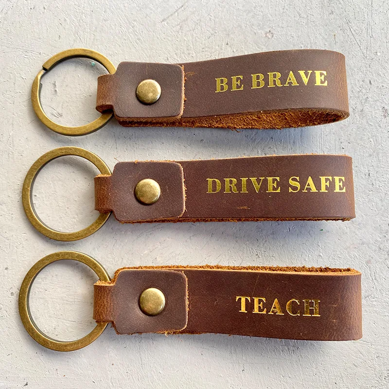 

High-End Vintage Genuine Leather Gold Stamped Pendant Keyrings Teachers' Day Gifts For Car Key Chain Jewelry Wholesale