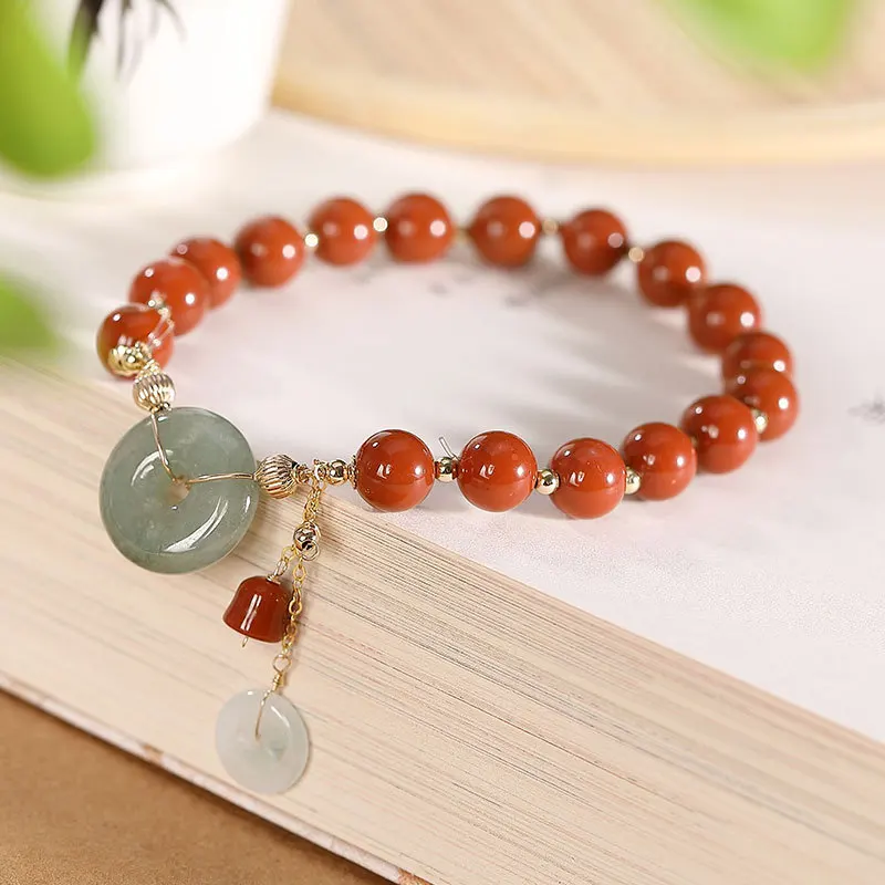 

14K Gold Natural Emerald Jade South Red Beads Retro Safe Buckle Gourd Shape Women's Beading Bracelet Bracelet For Women J0011