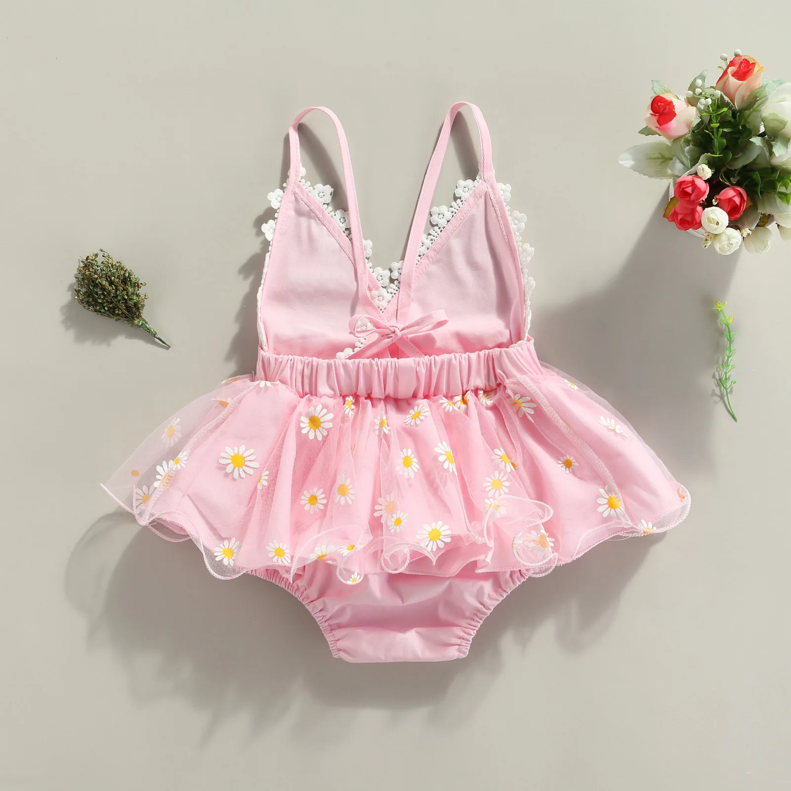 

2021 0-18M Baby Summer Clothes Girls Sleeveless Romper Daisy Print Sleeveless Backless V-neck Tie-up Jumpsuit for Summer Clothes