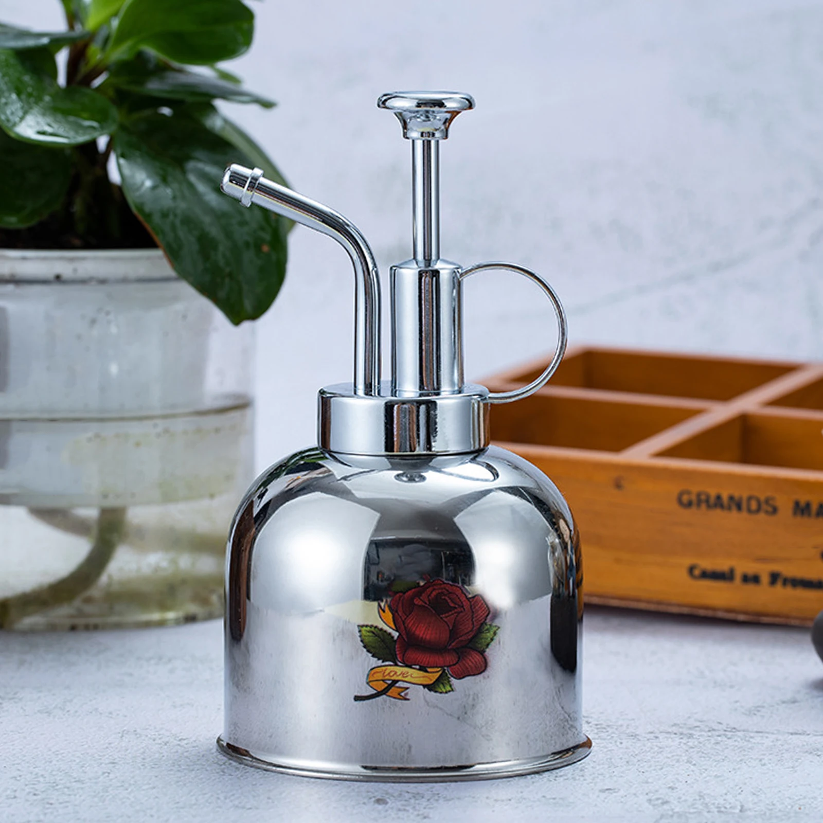 

10.1oz Silver Garden Watering Can With Rose Sprinkler Stainless Steel Vintage Style Plant Water Bottle Cans for Indoor Garden