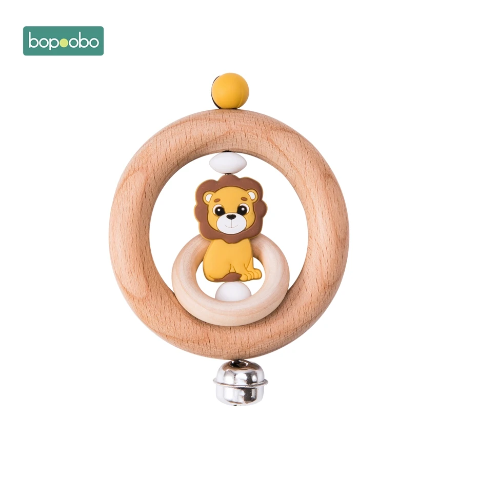 Lion Rattle Bopoobo 1 шт. детские игрушки из бука медведь рука прорезывание зубов деревянное кольцо можно жевать бусины играть в тренажерный зал Монтессори игрушки, погремушки для младенцев - Цвет: Lion Rattle