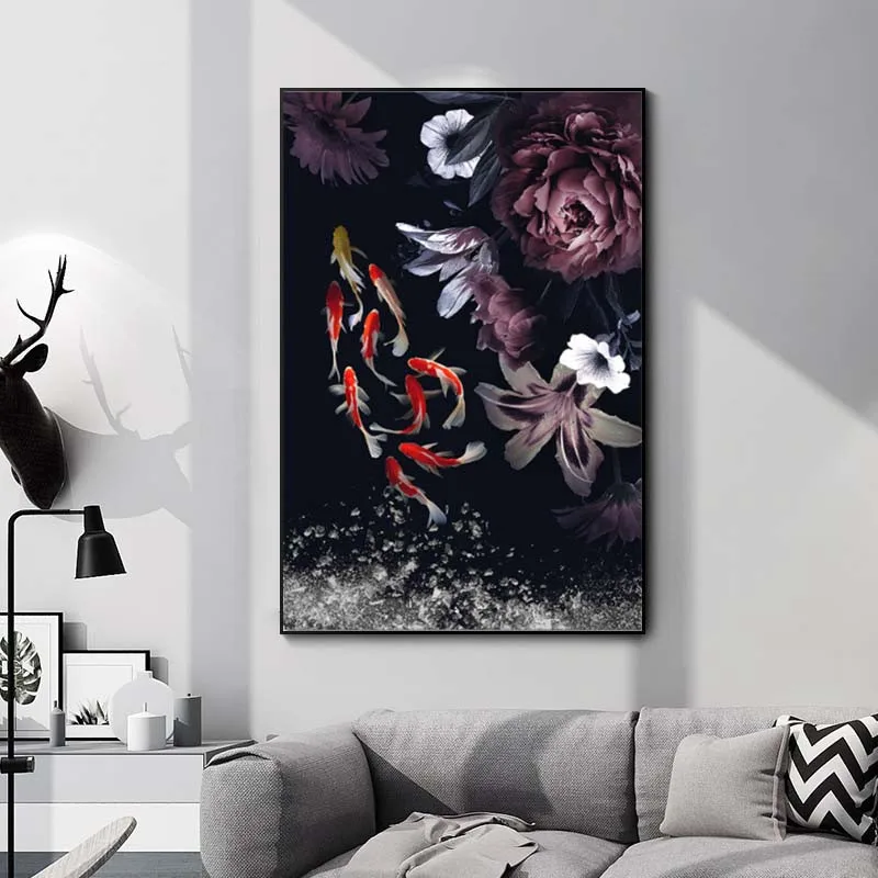 

DK-ART Wall Art Painting Prints on Canvas Wall Goldfish and peony Flowers Picture Modern Home Wall Decorative Pictures Cuadros