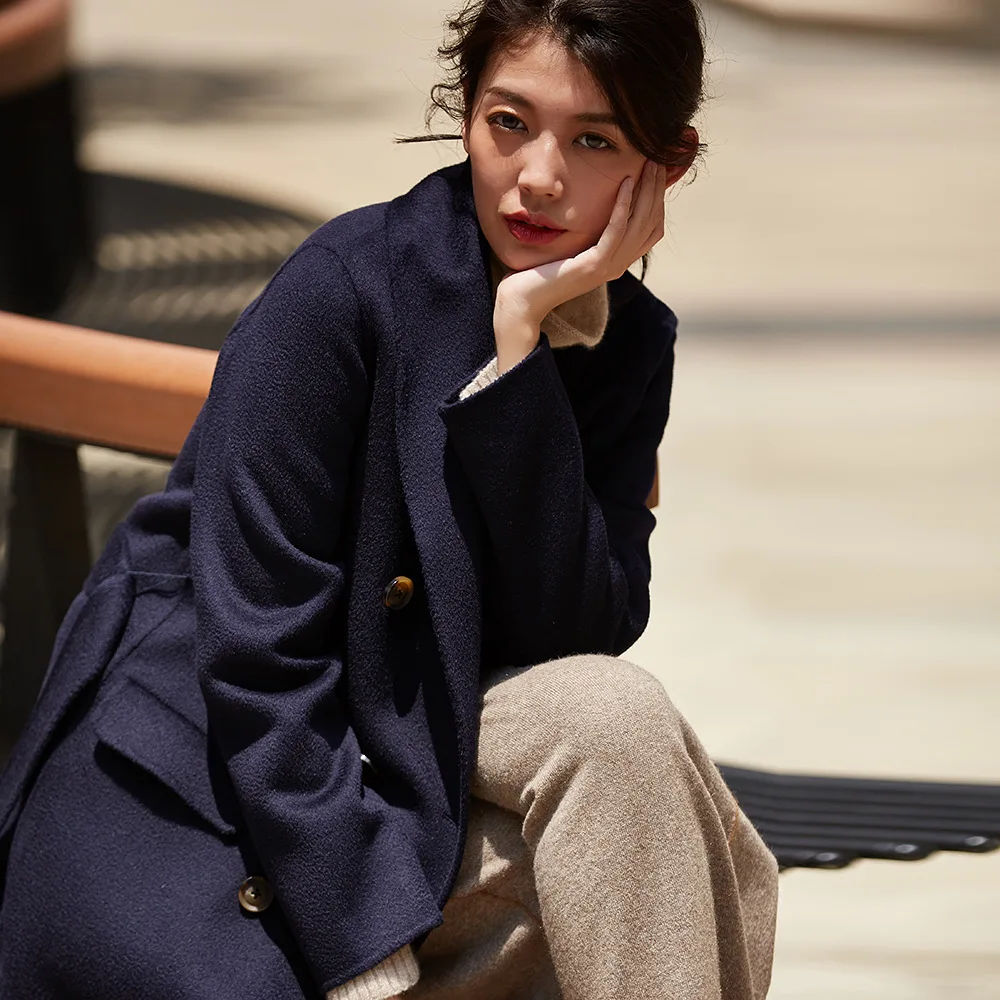 

Classic Hand-sewn Double-breasted Midi Unlined Coat In Double-layer Wool And Cashmere With Patch Pockets And Matching Belt