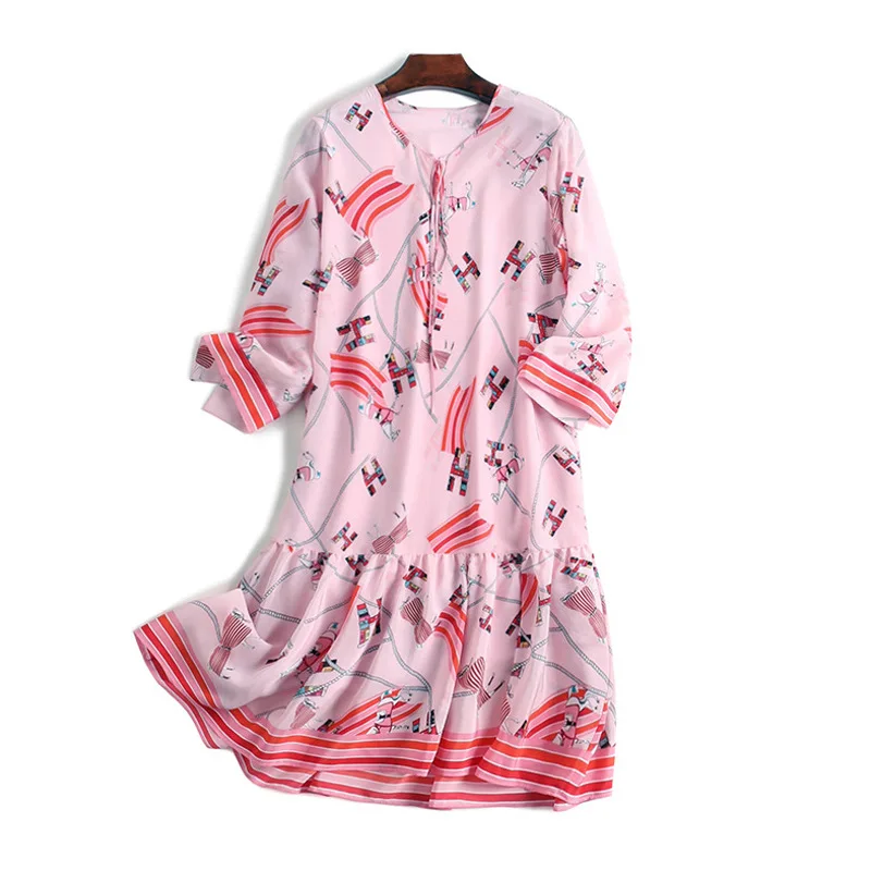 

Shenzhen Nan oil high-end women's silk dress women's mid-length line led by seven-sleeve loose print a-word skirt