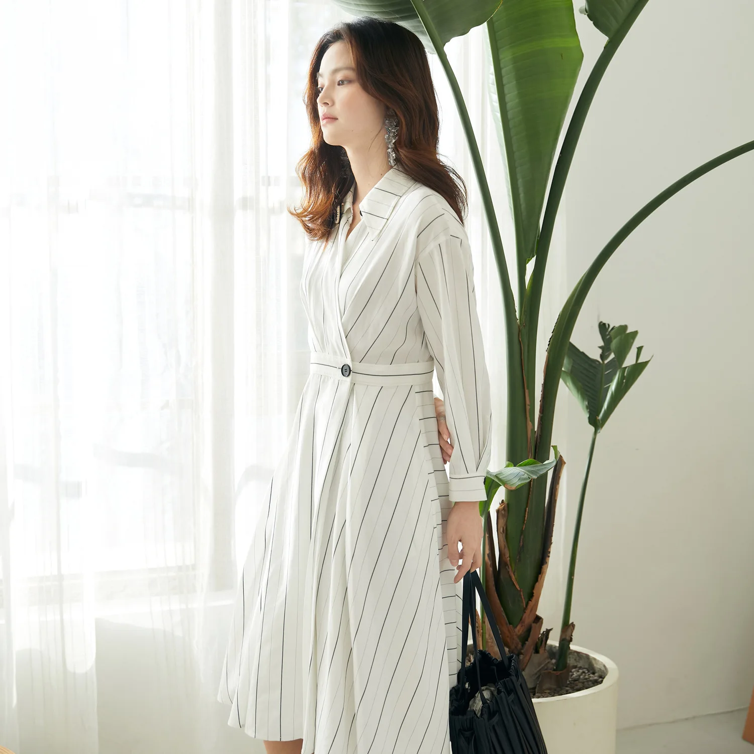 

719 spring cardigan medium length skirt white temperament small fragrance commuting high waist trend waist closing print dress