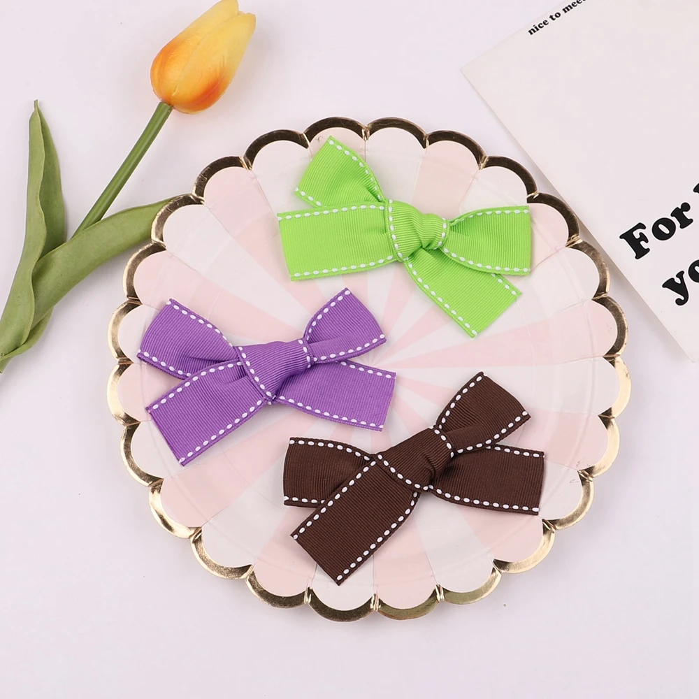 

2Pcs/Set Solid Color Stitch Ribbon Bows Hair Clip For Kids Girls Boutique Handmade Hairpins Barrettes Headwear Hair Accessories