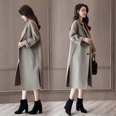 

long Woolen coat women autumn winter Work Solid Vintage Winter Office Long Sleeve Button Jacket coat