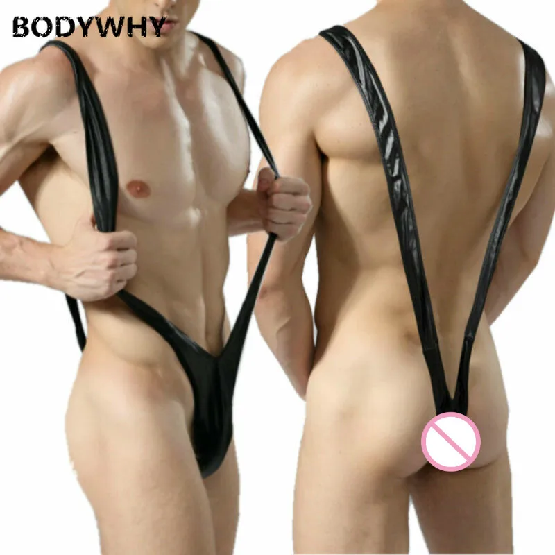 Mens Sexy Mankini Underwear Faux Leather Sexy V-shaped Swimwear Strap Bikini Beach Swimwear Men Pajamas Crotchless Underwear