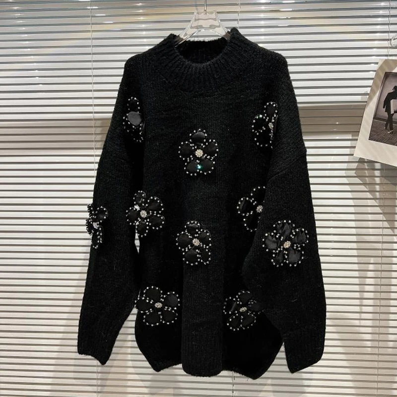 

2021 Fashion Designer Autumn Winter Sweater Women Black Milk White 3D Flowers Diamonds High Quality Ladies Top
