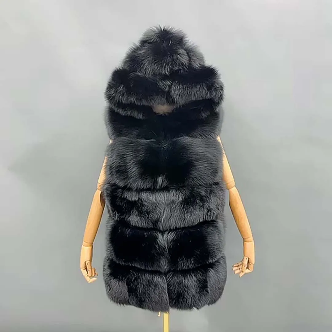 

2021 Women Hooded Fox Fur Vest Natural Winter Real Fox Fur Waist Coat Custom Made Xxxxl