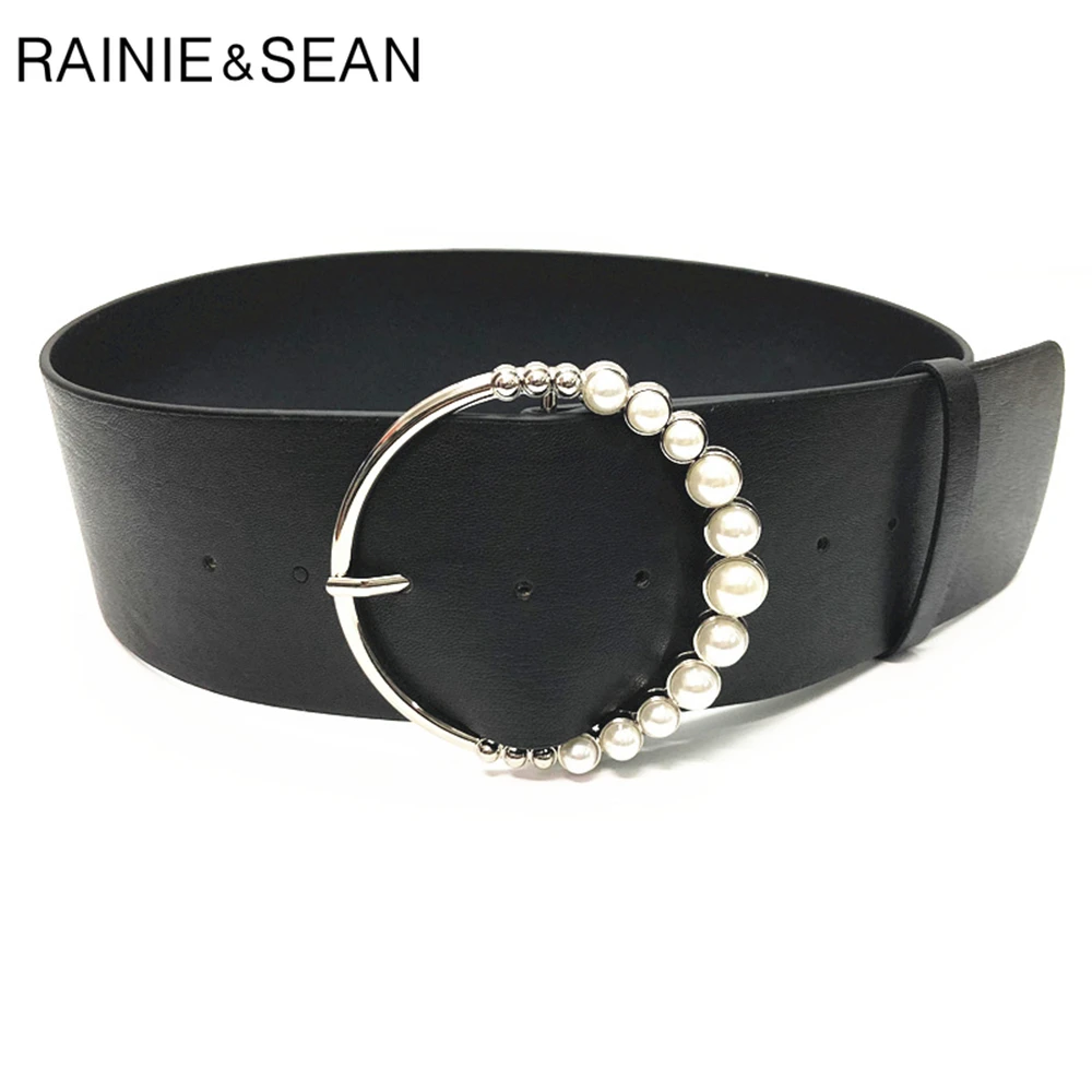 Ремень женский широкий из экокожи с жемчужной круглой пряжкой 90 см|Женские ремни|