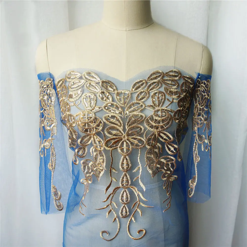 Royal Blue Mesh 1 комплект золотые блестки Белый Красный сетка вышитое свадебное платье аппликация Кружева отделка ткань сетка швейная нашивка для платья DIY Украшение - Цвет: Royal Blue Mesh