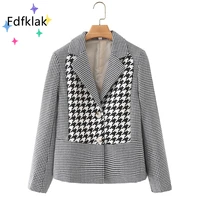 fdfklak houndstooth women 2021 chic single breasted blazers coat female lattice outerwear office lady jacket plaid suit workwear