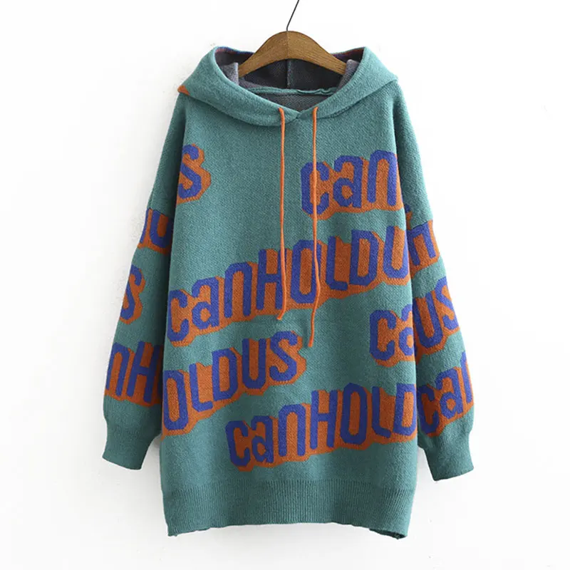 Осенние женские свитера свободные с капюшоном цветные буквами вязанные толстые