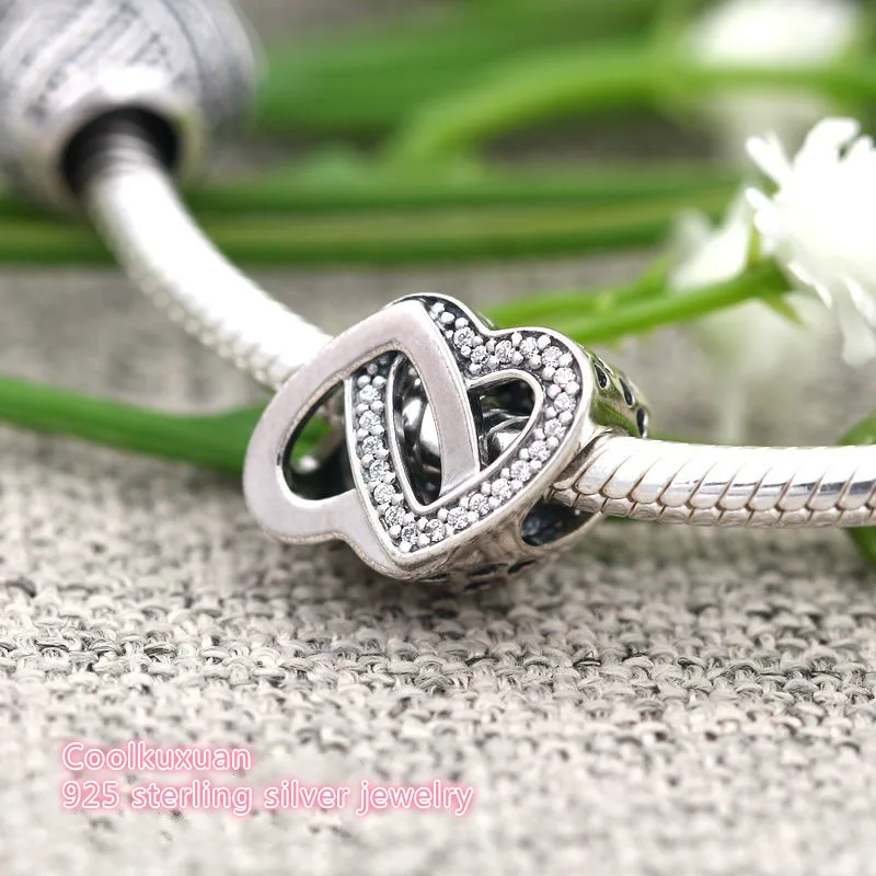 925-Sterling-Silver Clear CZ Entwined Love Heart Charms Mother's Day Interlocked Hearts Bead Fits Pandora Jewelry Making DIY