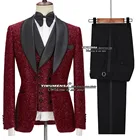 Блестящие мужские костюмы бордового цвета, блейзер + жилет + брюки, комплект из 3 предметов, деловые Свадебные смокинги, Индивидуальные костюмы для мужчин Вечерние вечернее платье для выпускного вечера