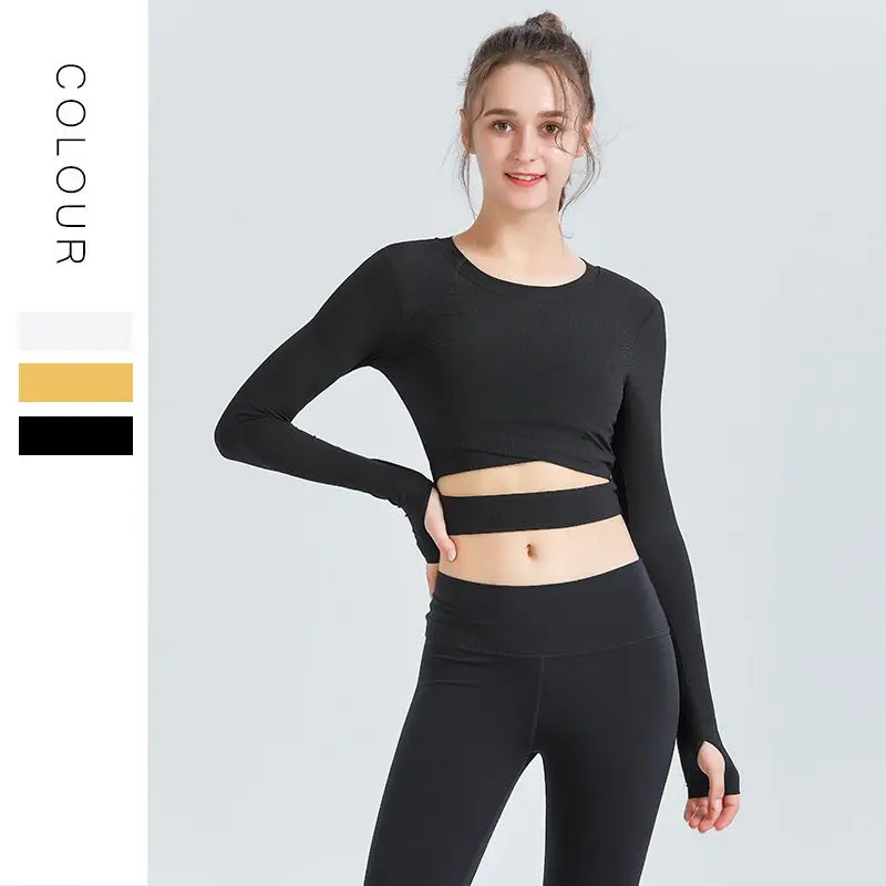 

Long Sleeve Crop Top Women T-Shirts 2022 New Navel-Bearing Quick-Drying Sports Fitness Gym Clothing Bandage Thumb Hole Yoga Wear