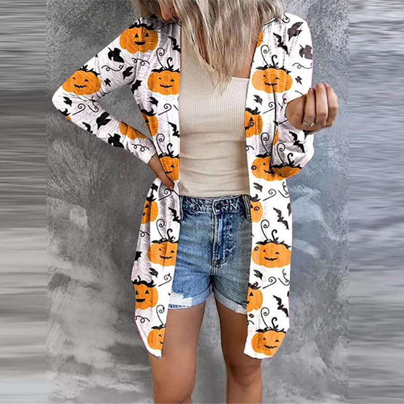 

Pumpkin Print Female Loose Long Jackets Halloween Casual Party Long Sleeve Outerwear Women Streetwear Autumn Button Coat Tops