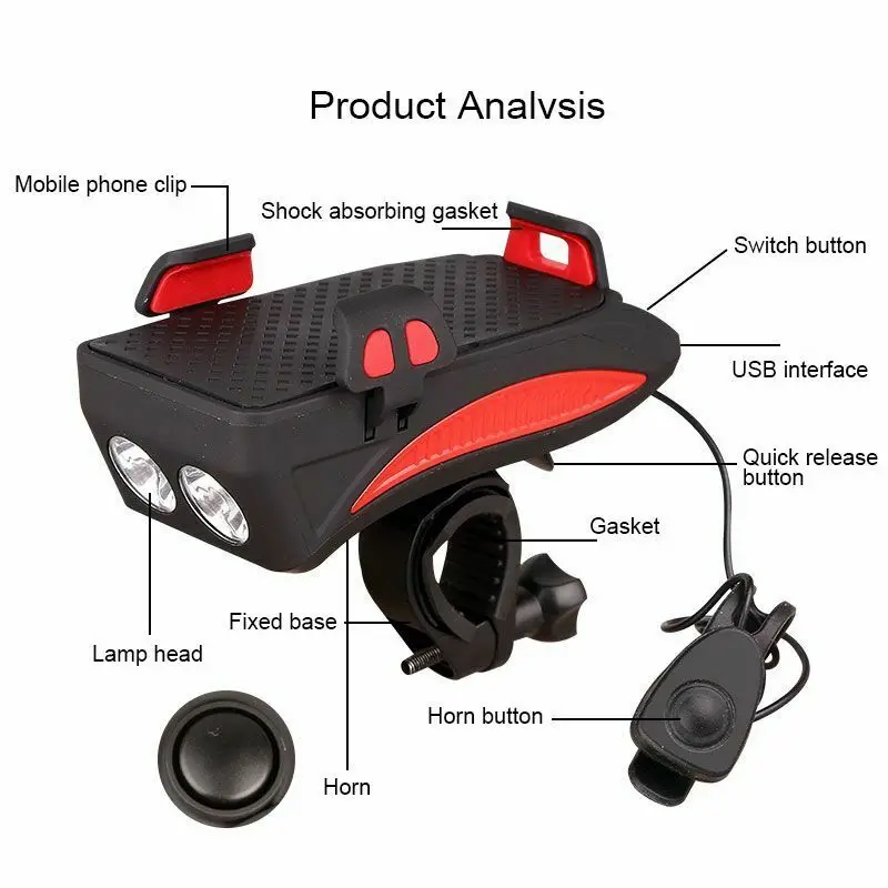 

Bicycle Light USB Rechargeable Bike Front Light Led Smartphone Holder Mount Power Bank Multifunction 4 In 1 Handlebar Light Horn