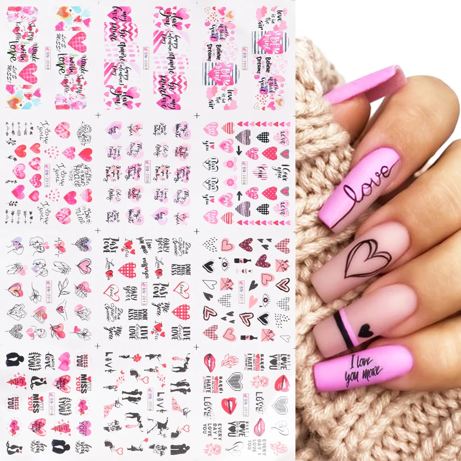 Валентина любовное письмо наклейки для ногтей Paris Heart Kiss Water Slider Nail Art Decoracion