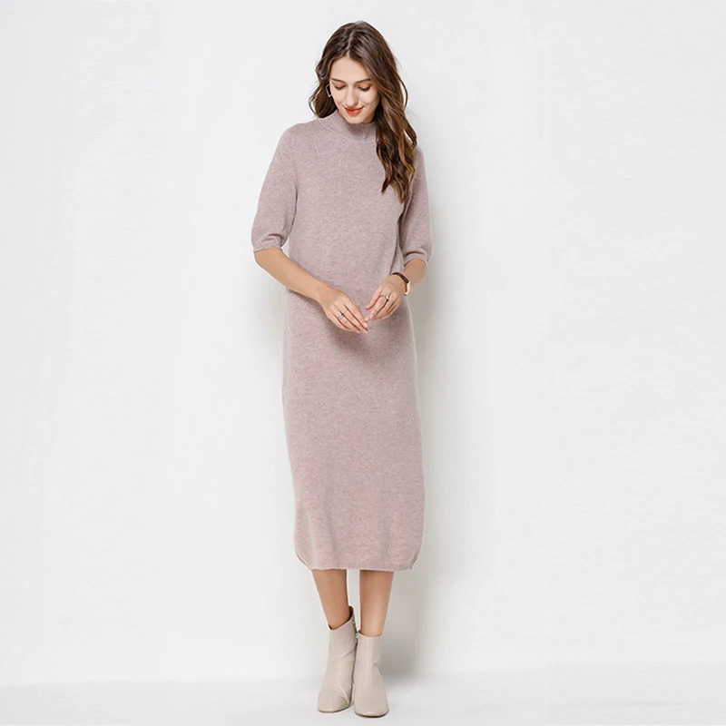 

2020 New Autumn And Winter Sexy Long Dress Soft Feminine With Long 100% Cashmere Sweater Elegant Female O-Neck Knitted Pullovers