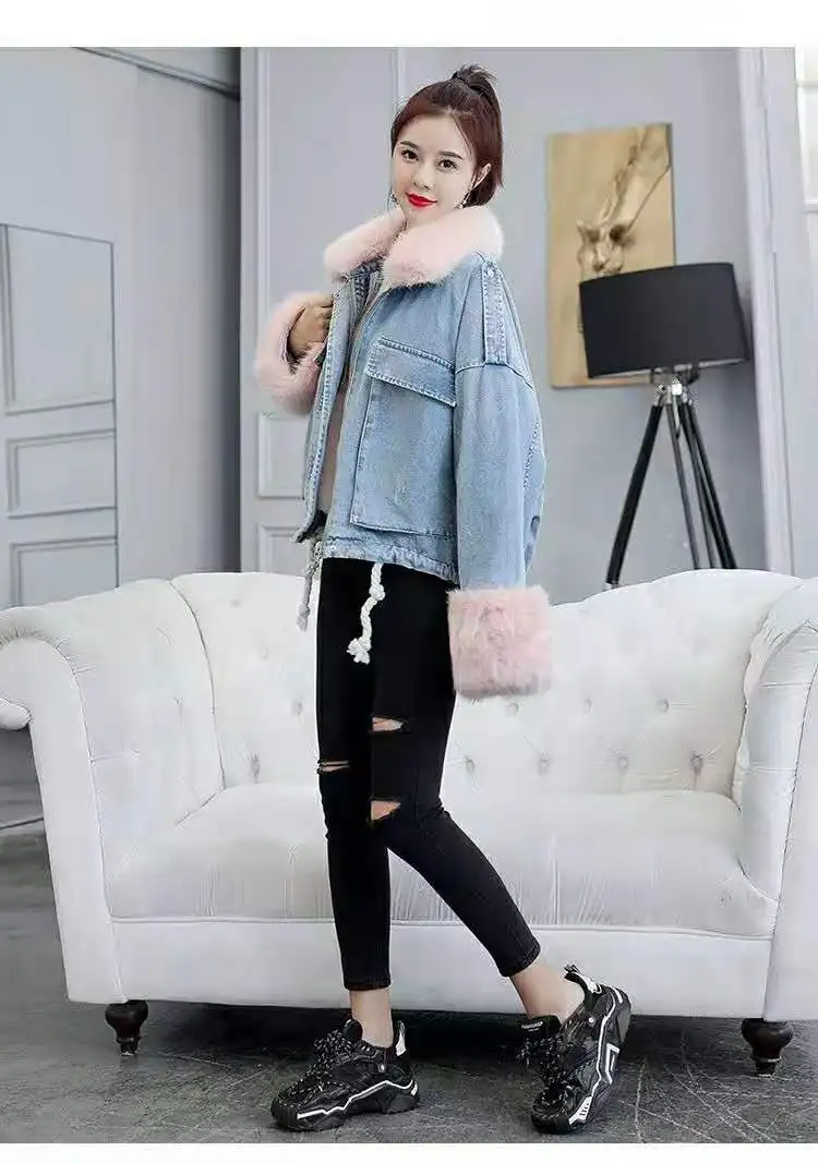 

Winter New Korean Fashion Women Cotton Short Coat Loose Thick Plush Liner Large Fur Collar Denim Solid Color Pie Overcome