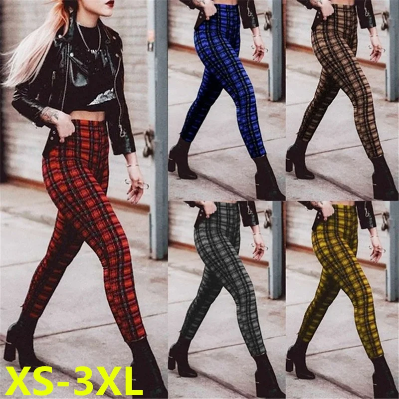 Plaid High Waisted Pants Women's Casual Super Elastic Pencil Fashion Slim Trousers | Женская одежда