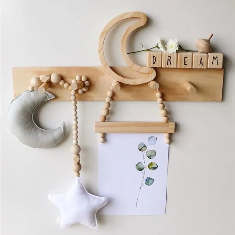 Wooden Bead and Moon Star Nursery Canopy Tent Decorations Mobile Baby Design Crib Decoration Photo Prop | Мать и ребенок