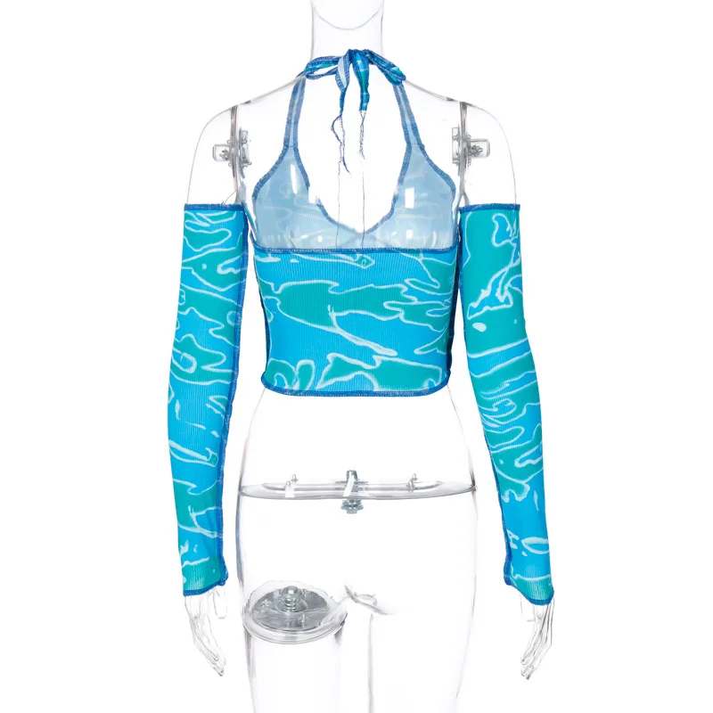 

Sexy Blue Camo Ribbed Halter Backless V Neck Crop Top Long Sleeve Graphic Tee Fall 2020 Trandy Woman Tshirts
