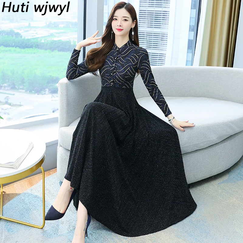 

2022 Black Packwork Knittied Midi Dress Autumn Winter Elegant Casual Party Maxi Vestidos Women Vintage Bodycon Long Sleeve Dress