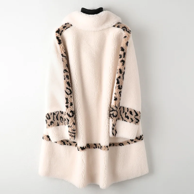 New Style Beige Female Granular Velvet Winter Warm Wool Fall Coat Turn-Down Collar Leopard Mid-Length Stitching Coats Women