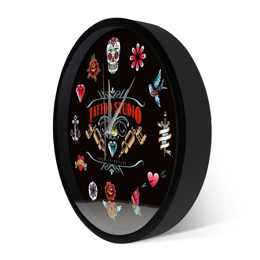 Тату студия Премиум Дизайн Черные современные настенные часы не тикают