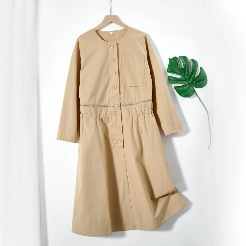 

Early Autumn Women's Cotton Dress Zipper-style Detachable Two-wear O-neck Long Sleeve High Waist Pocket Female Dresses