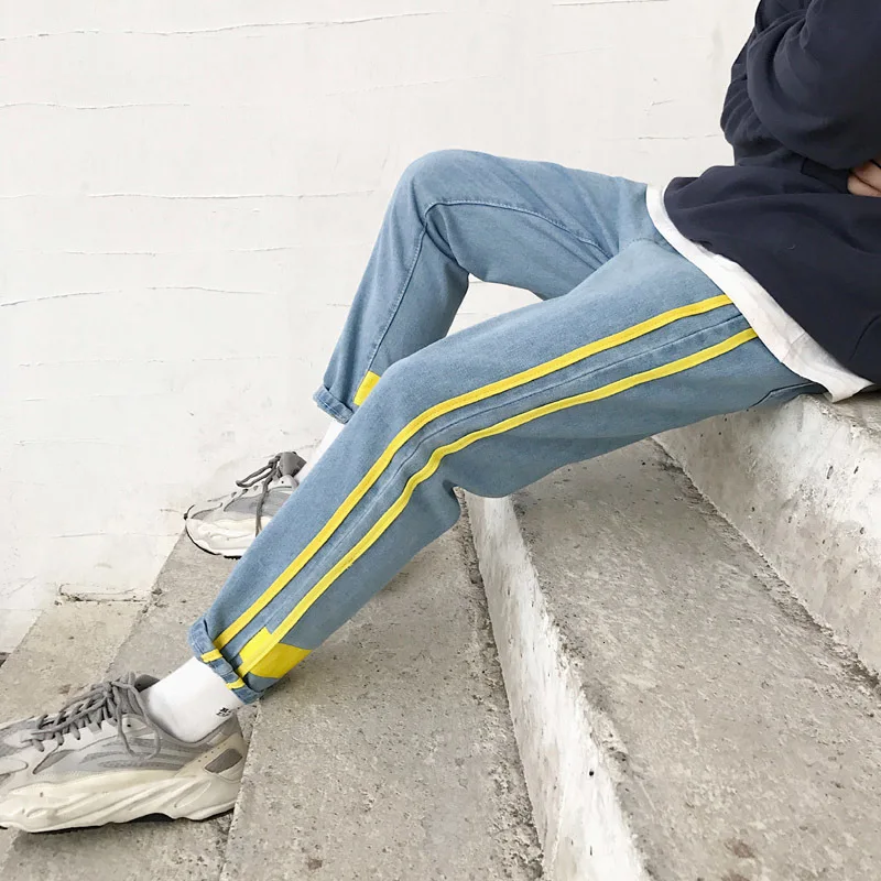 Мужские повседневные джинсы в стиле хип-хоп, синие свободные прямые джинсы контрастных цветов, уличная одежда, осень 2019 от AliExpress WW