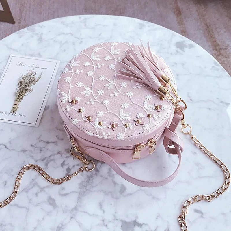 Милые кружевные круглые сумки высокое качество искусственная кожа женские через