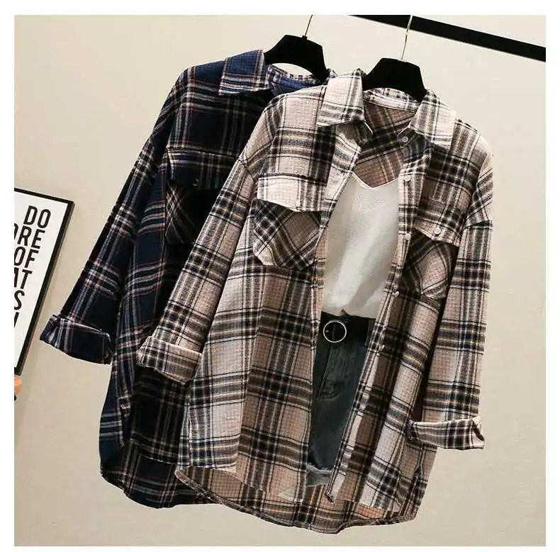 

2020 Spring And Summer New Fashion Women Blouses Big Plaid Cardigan Long Sleeve Loose Shirt Women Jacket Leisure Female Coat